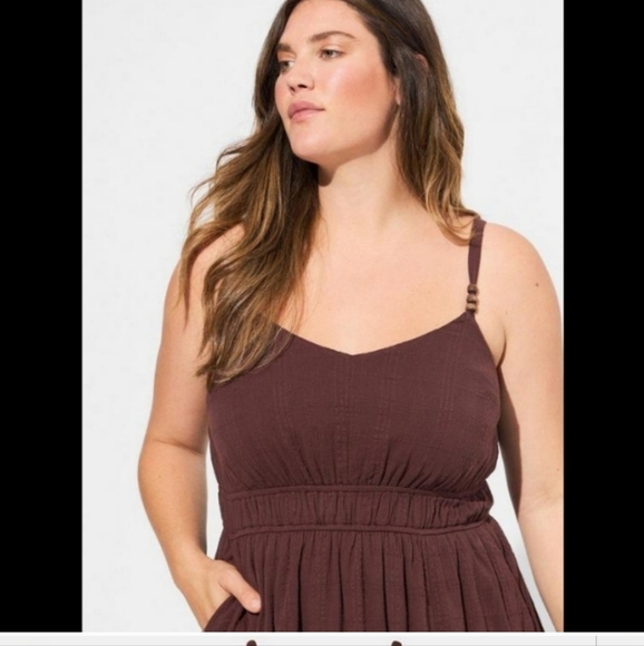 TORRID 2x Midi Textured Tiered Cotton Sun Dress Plus Size Brown - Picture 8 of 11